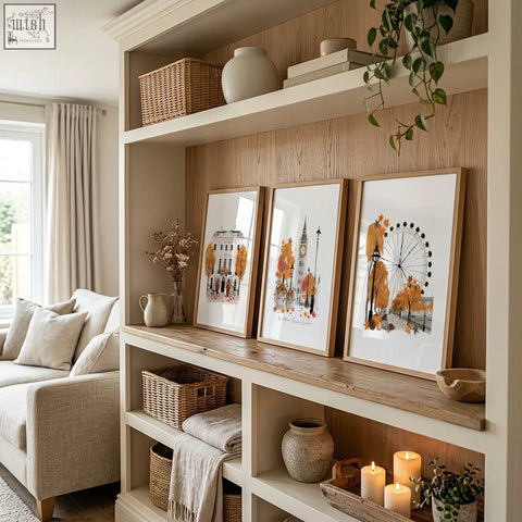 Three framed autumnal london cityscape watercolor prints in light wood frames perfect for travel room decor