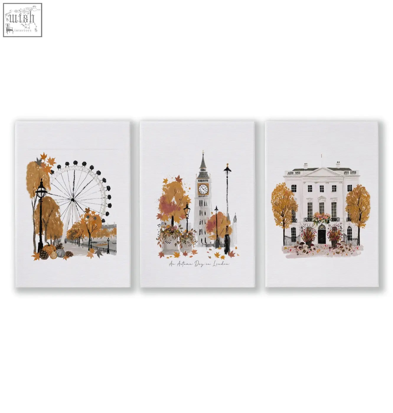 Set of three framed autumn-themed london landmark prints with golden trees perfect for travel room decor