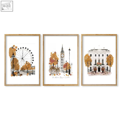 Three framed watercolor prints of autumn scenes in london with big ben and ferris wheel perfect for travel room decor
