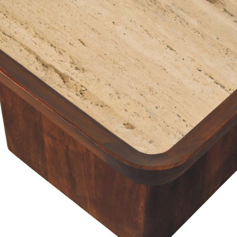 Beige travertine top tray coffee table with dark wood frame perfect for stylish living room coffee table setup