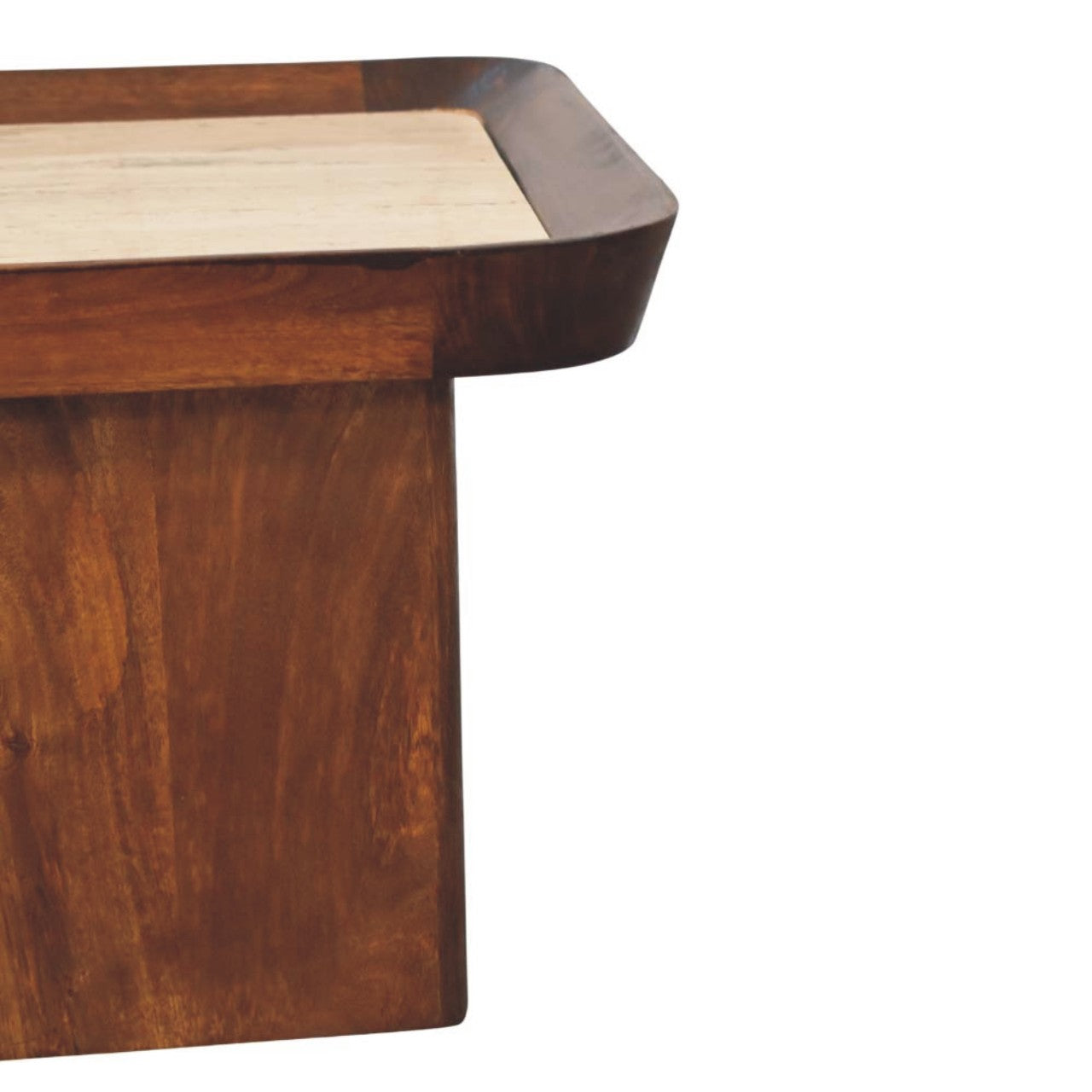 Dark wood coffee table with a light wooden inset top featured in the travertine top tray coffee table design