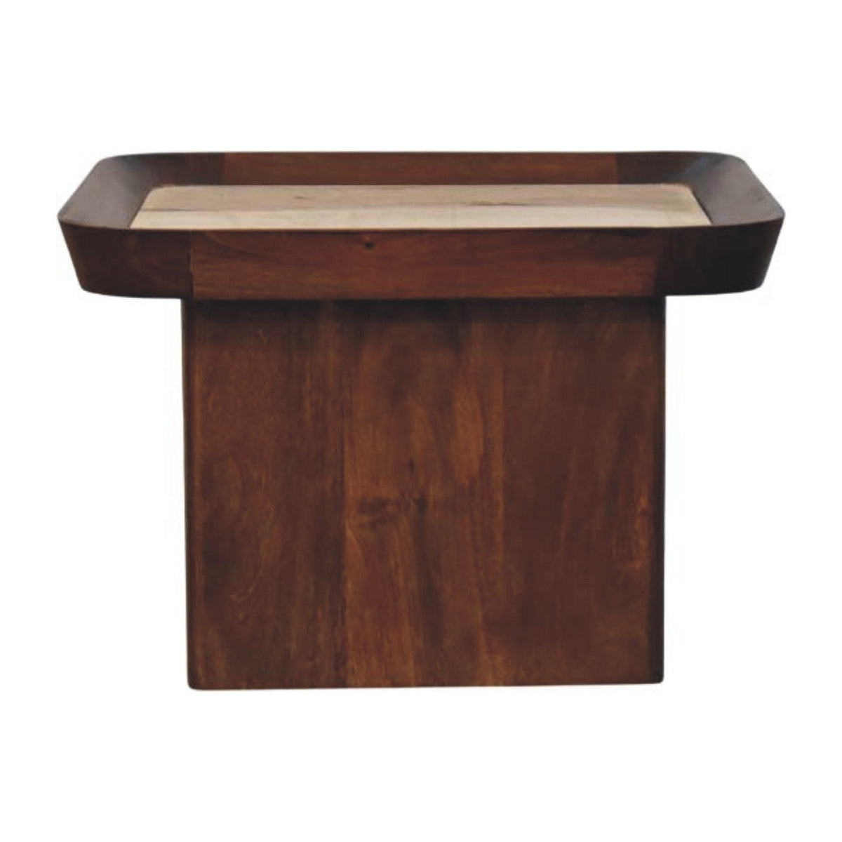Dark wood coffee table tray with lighter wooden insert for stylish organization and serving use