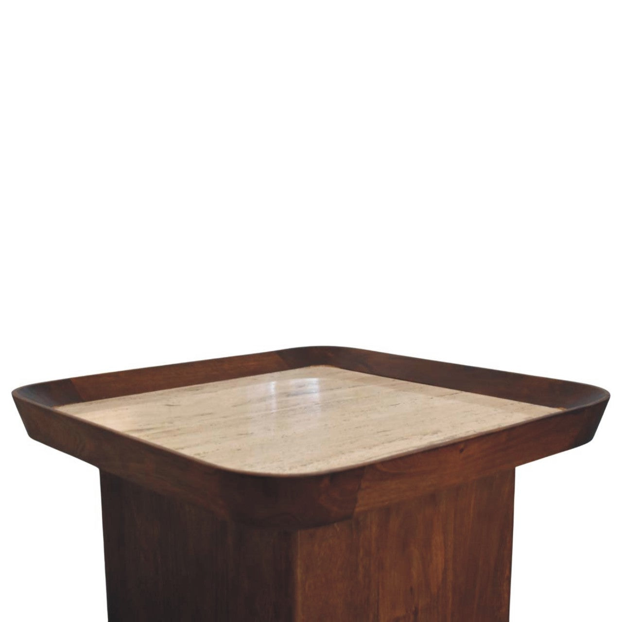 Dark wood pedestal coffee table with light beige travertine marble top perfect for stylish living rooms