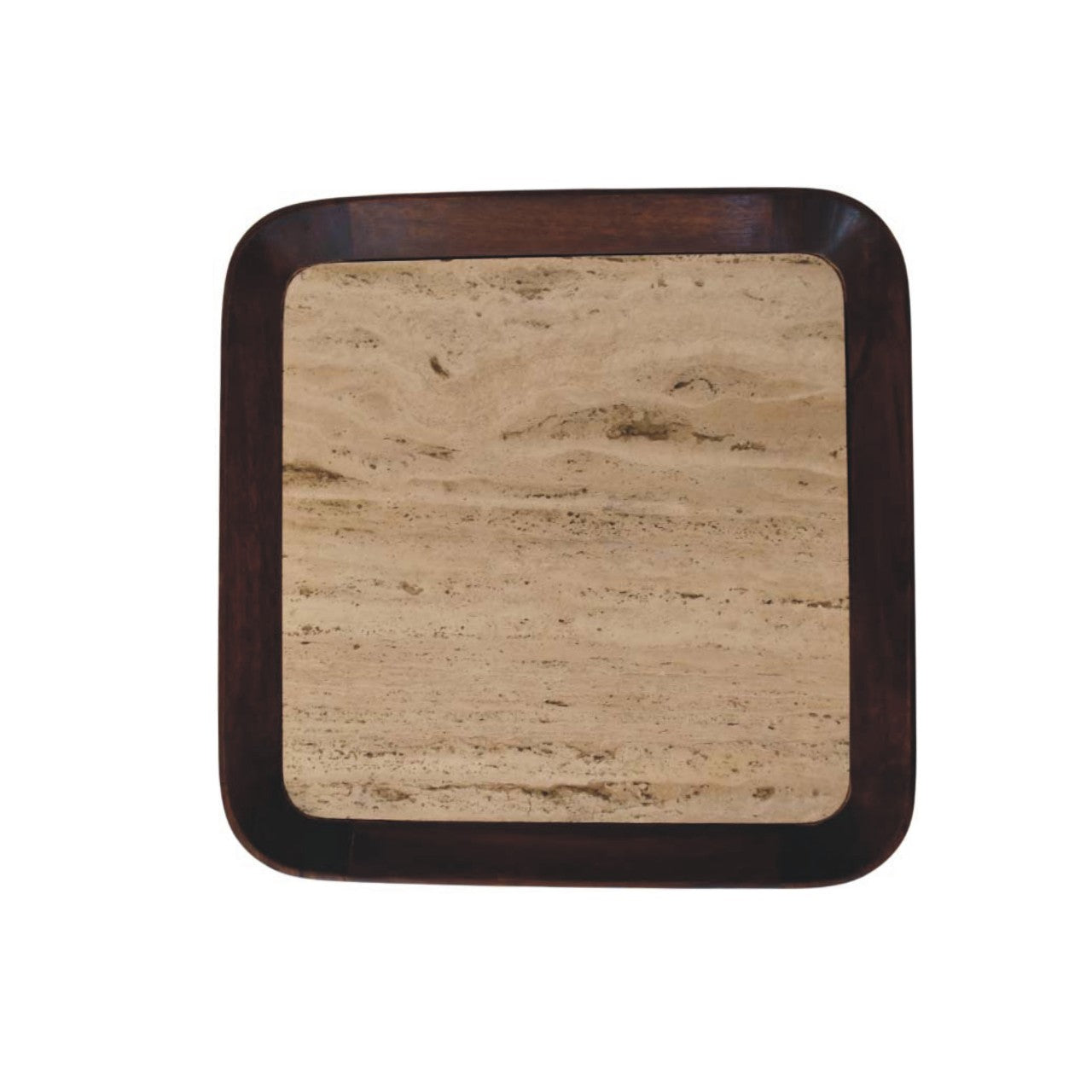 Square tray coffee table with light beige textured travertine top and dark brown wooden frame