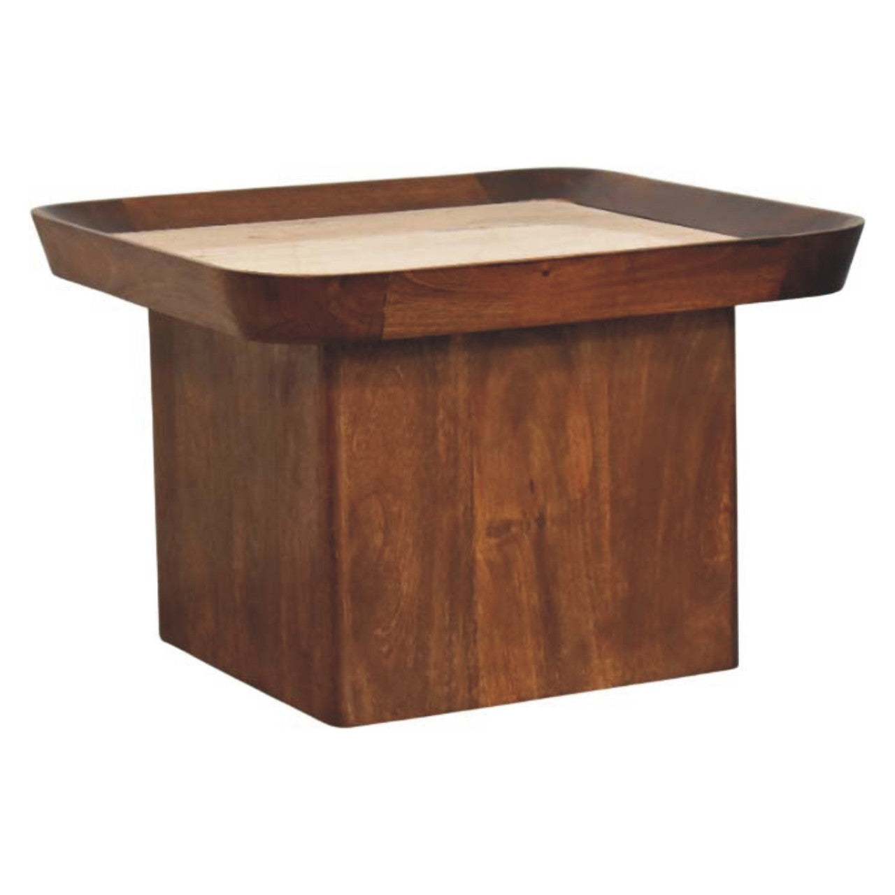 Square wooden coffee table with dark brown finish and light beige travertine top perfect for living room use