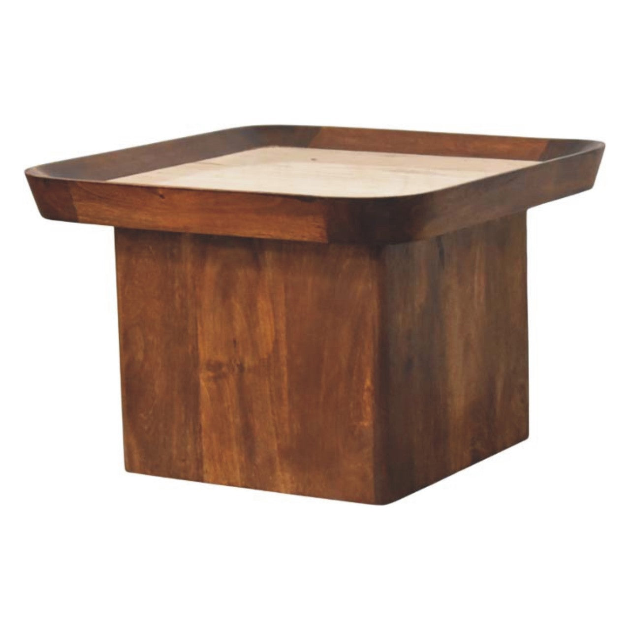 Square wooden coffee table with dark brown frame and lighter wood travertine top tray perfect for living room use