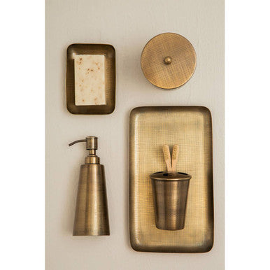Antique brass bathroom accessory set with soap dish lid pump dispenser and toothbrush holder by traze tissue box