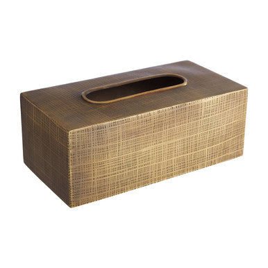 Bronze-colored Traze tissue box with a textured woven surface and elongated oval opening for easy tissue access