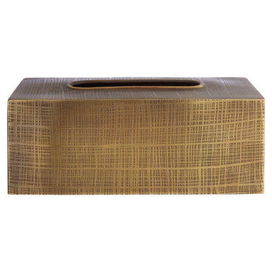 Gold-toned rectangular tra ze tissue box with textured woven pattern and oval cutout on top for easy access