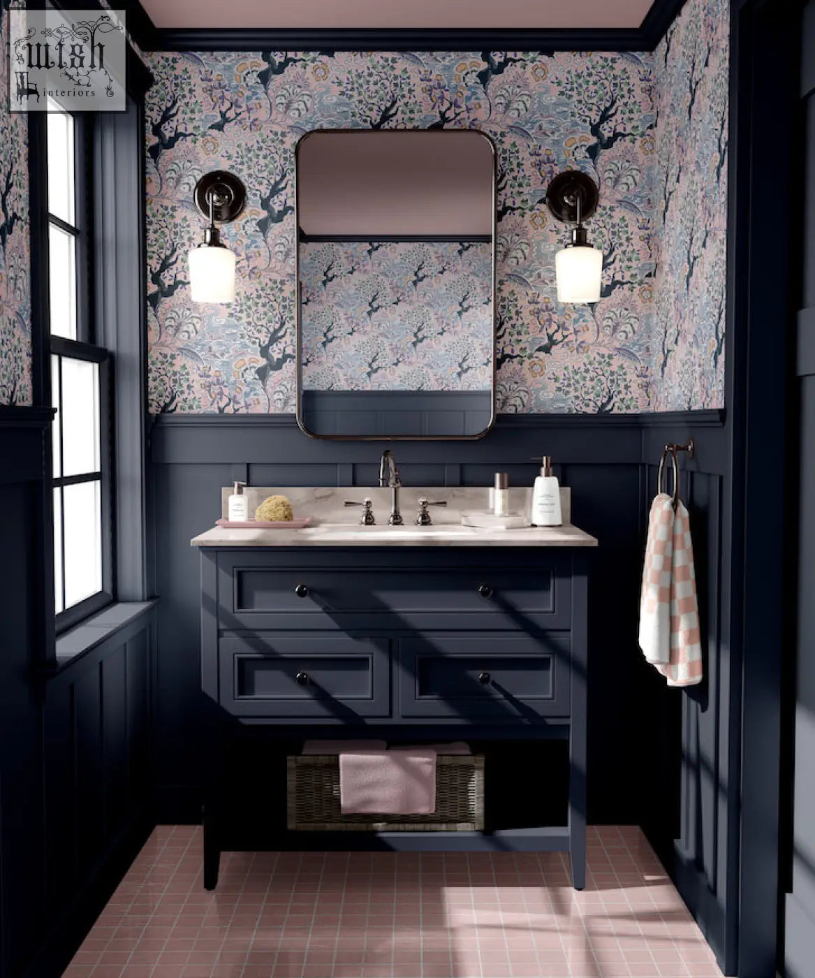 Dark blue wooden vintage french vanity with white marble countertop and silver fixtures in tree of life dawn wallpaper setting