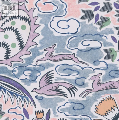 Tree of Life in Dawn wallpaper showing vintage french pink deer and bird on soft blue watercolor fabric pattern