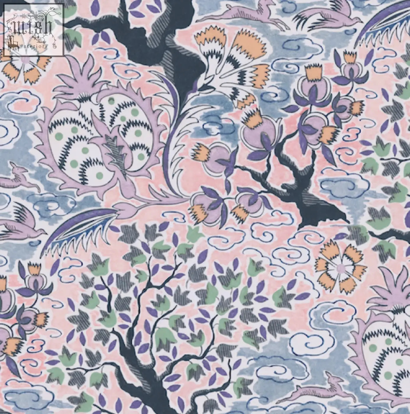 Tree of life in dawn wallpaper with vintage french style delicate pink fabric featuring birds blossoms and clouds