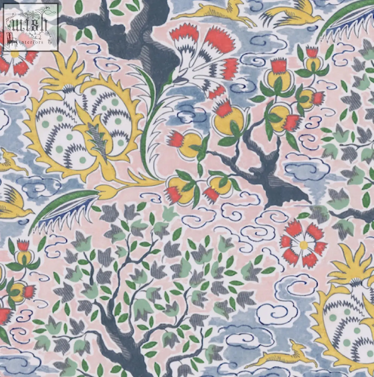 Delicate pink tree of life wallpaper with floral and bird motifs in yellow red green and navy blue made from ethically sourced materials