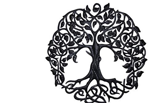 Black metal tree of life wall hanging with intricate celtic knotwork and weather-proof coating for outdoor display