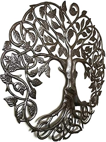 Dark metallic tree of life wall hanging with intricate leaf and root designs iron metal with weather-proof coating for outdoor display