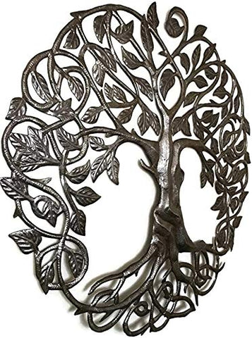 Dark metallic tree of life wall hanging with intricate leaf and root designs iron metal with weather-proof coating for outdoor display