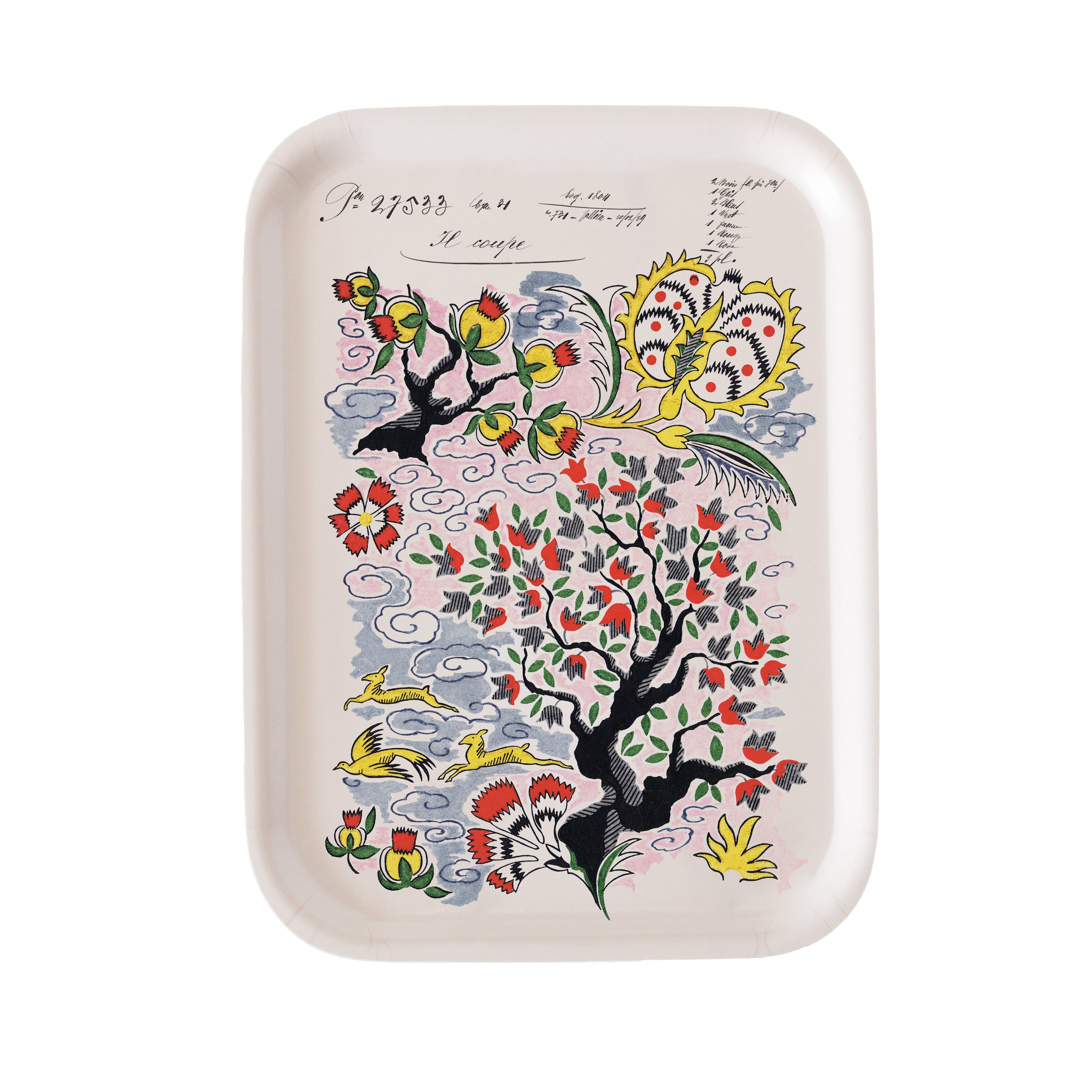 A white rectangular wooden tray with a vibrant tree of life design featuring red and yellow blossoms and whimsical birds