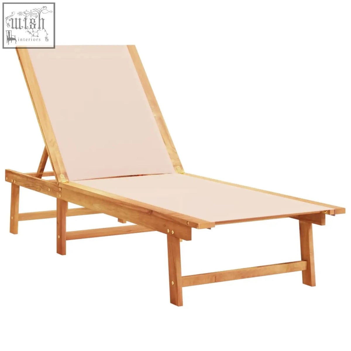 Beige canvas sun lounger with light acacia wood frame and adjustable backrest perfect for relaxing outdoors