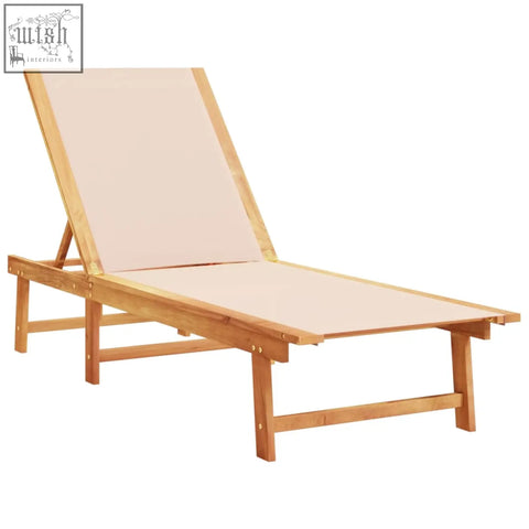 Beige canvas sun lounger with light acacia wood frame and adjustable backrest perfect for relaxing outdoors