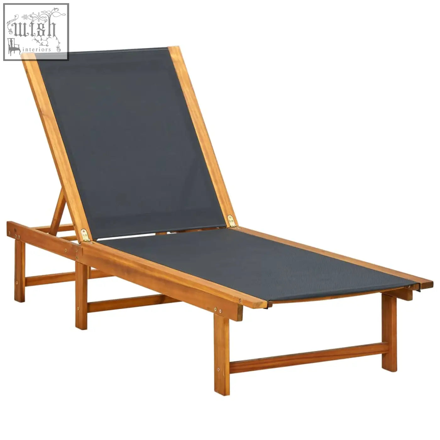 This trena acacia wood sun lounger features a sleek light brown frame with dark gray fabric and an adjustable backrest