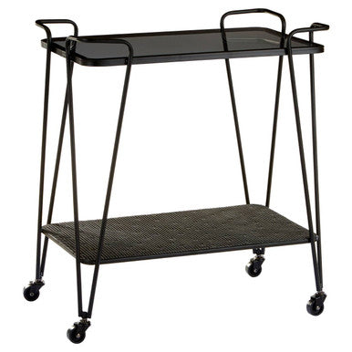 Black metal trento bar trolley with grey glass top, mesh lower shelf, sleek handles, and caster wheels for easy use