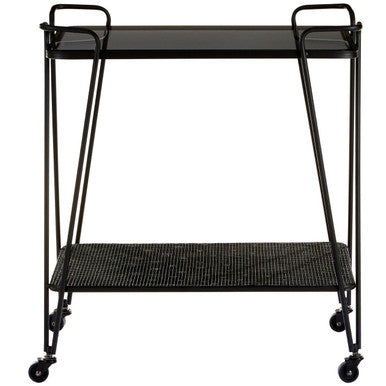 Black metal trento bar trolley with glass top and textured shelf on caster wheels for easy bar trolley mobility