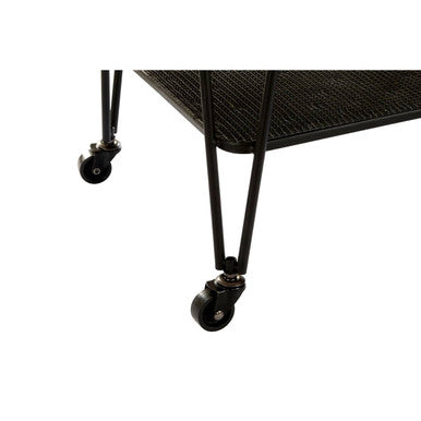 Black metal trento bar trolley with textured surface and slender legs on caster wheels for easy movement