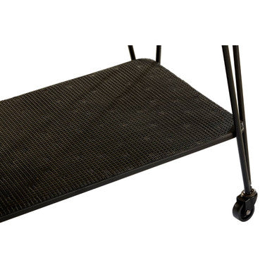 Black woven mat with sleek metal legs and caster wheel on trento bar trolley with grey glass top