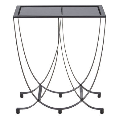 Trento black console table with curved arched legs and grey glass rectangular top for stylish entryways