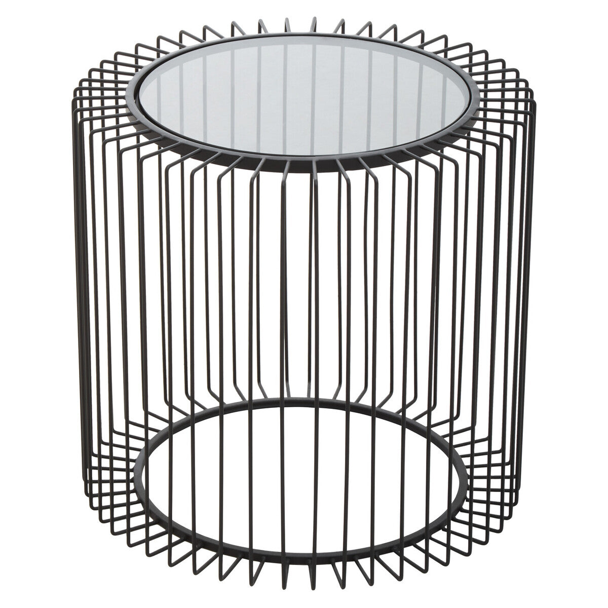 Trento black metal round side table with a glass top and vertical wireframe design in black metal