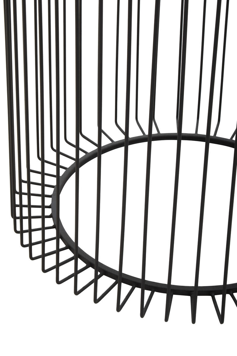 Trento black metal round side table with glass top featuring a minimalist black metal cylindrical design