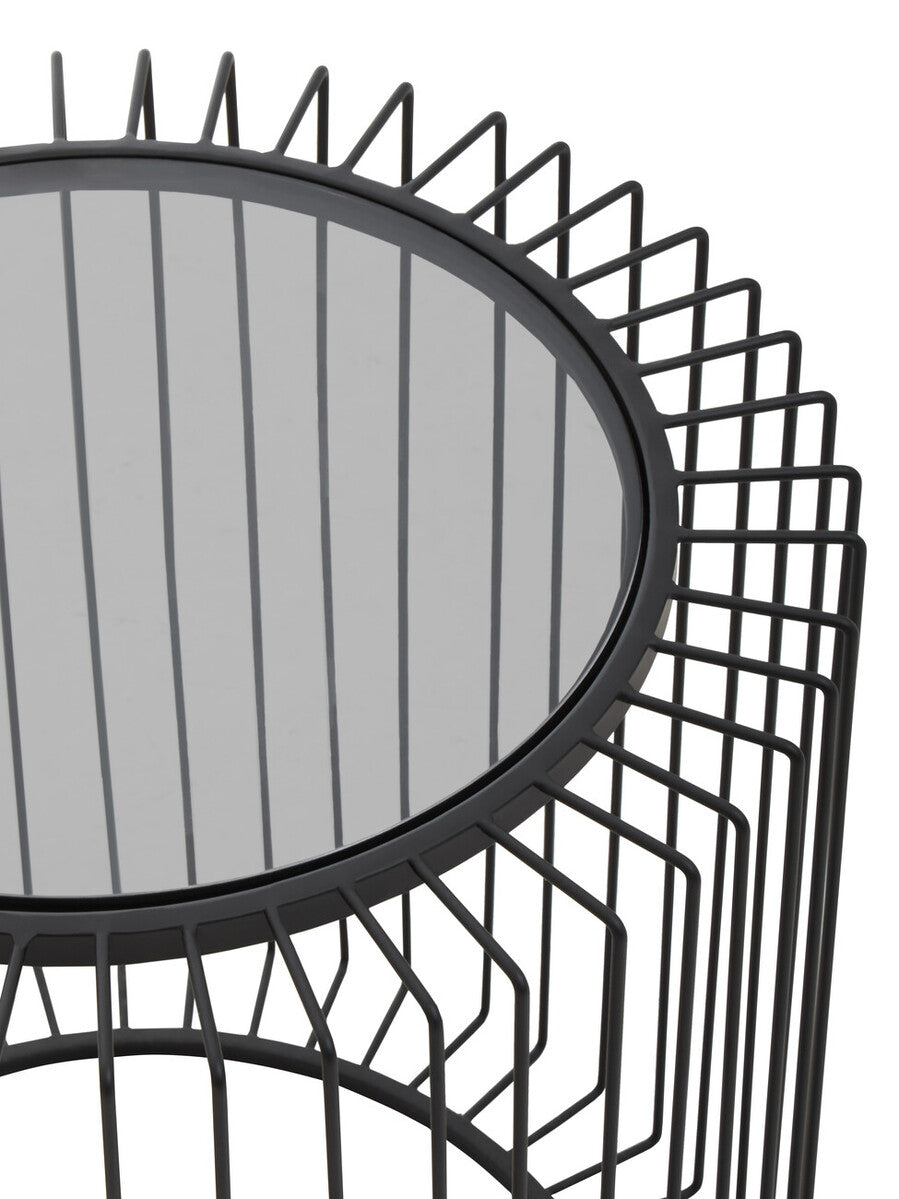 Trento black metal round side table with wireframe base and circular mirrored glass top for stylish living spaces