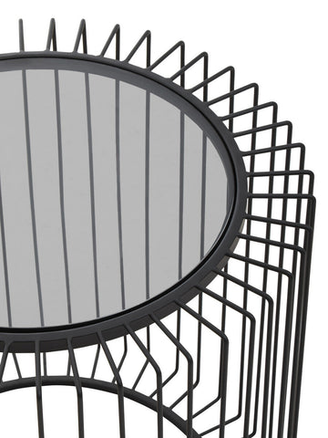 Trento black metal round side table with wireframe base and circular mirrored glass top for stylish living spaces
