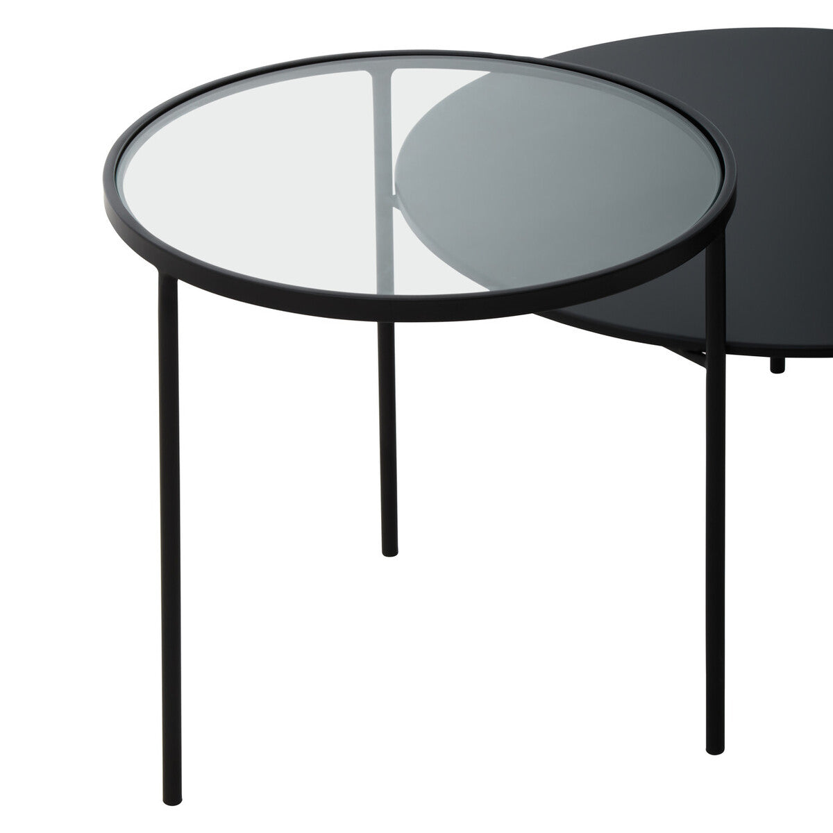 Black metal-framed round glass-top trento coffee tables with nesting lower level design