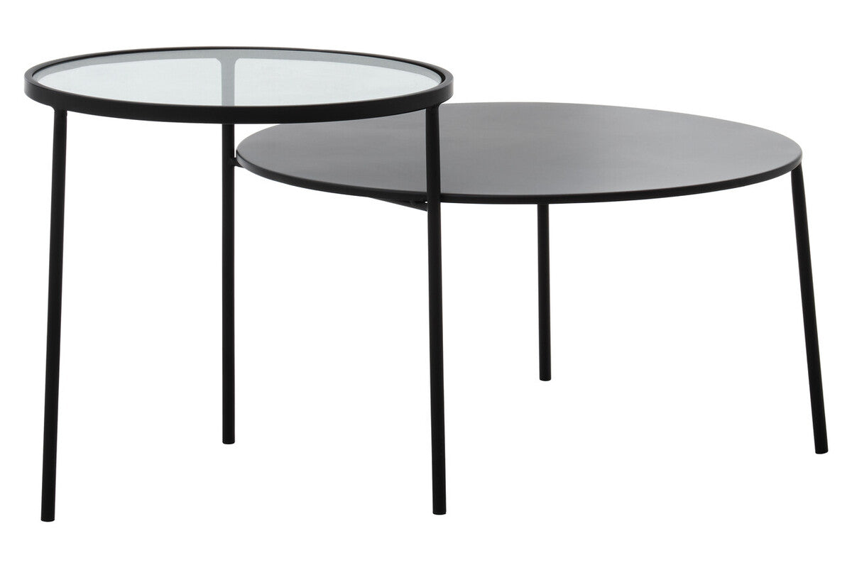 Black metal-framed trento coffee table with glass and matte black tops and a lower level for extra storage
