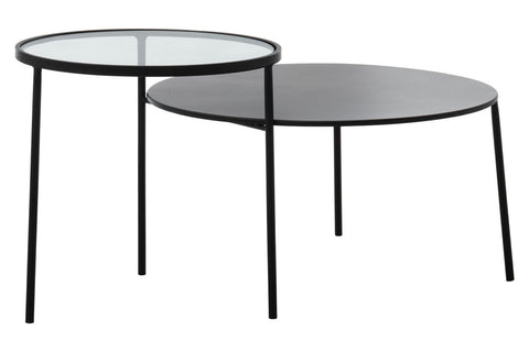 Black metal-framed trento coffee table with glass and matte black tops and a lower level for extra storage