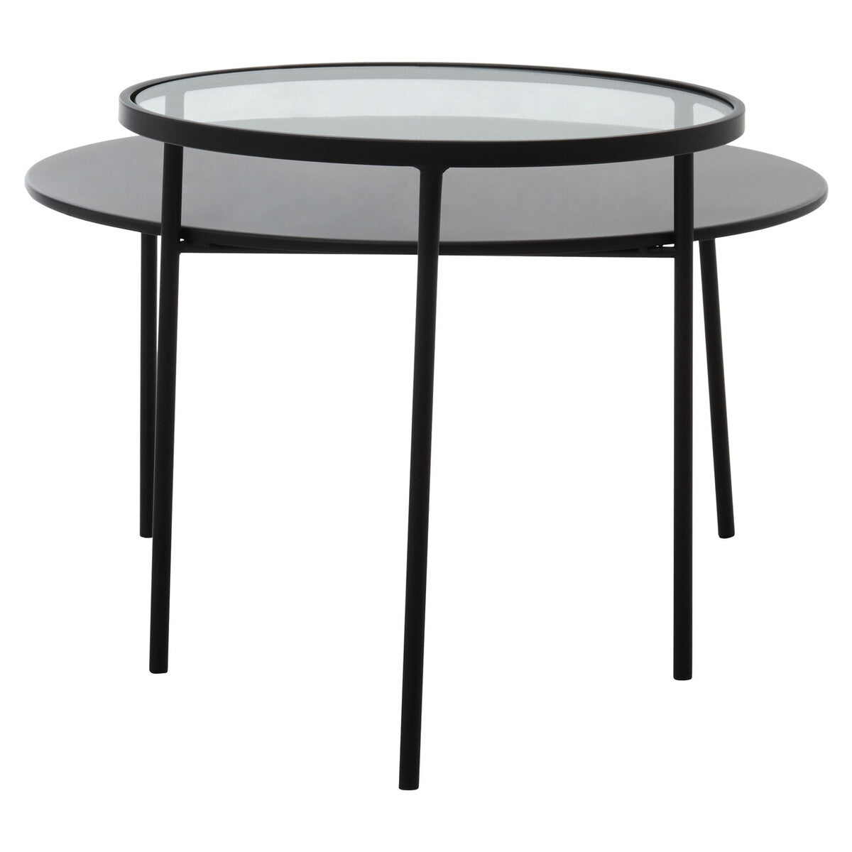 Black metal framed trento coffee table with glass top and lower level shelf for stylish living room use