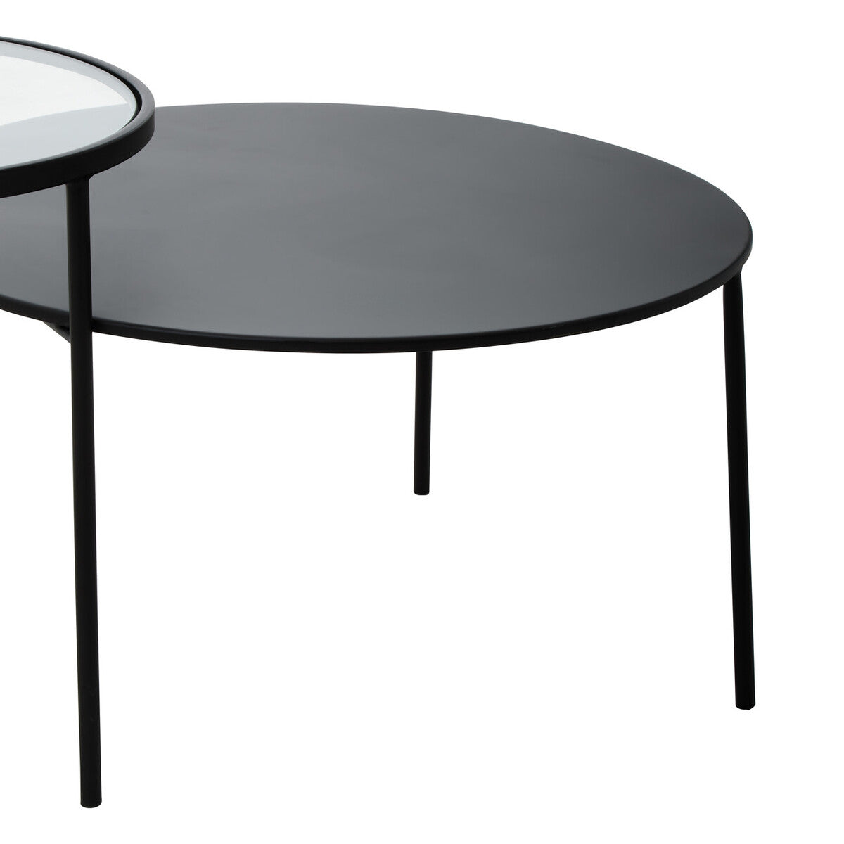 Black trento coffee table with glass and metal tops featuring a sleek round design and thin metal legs on lower level