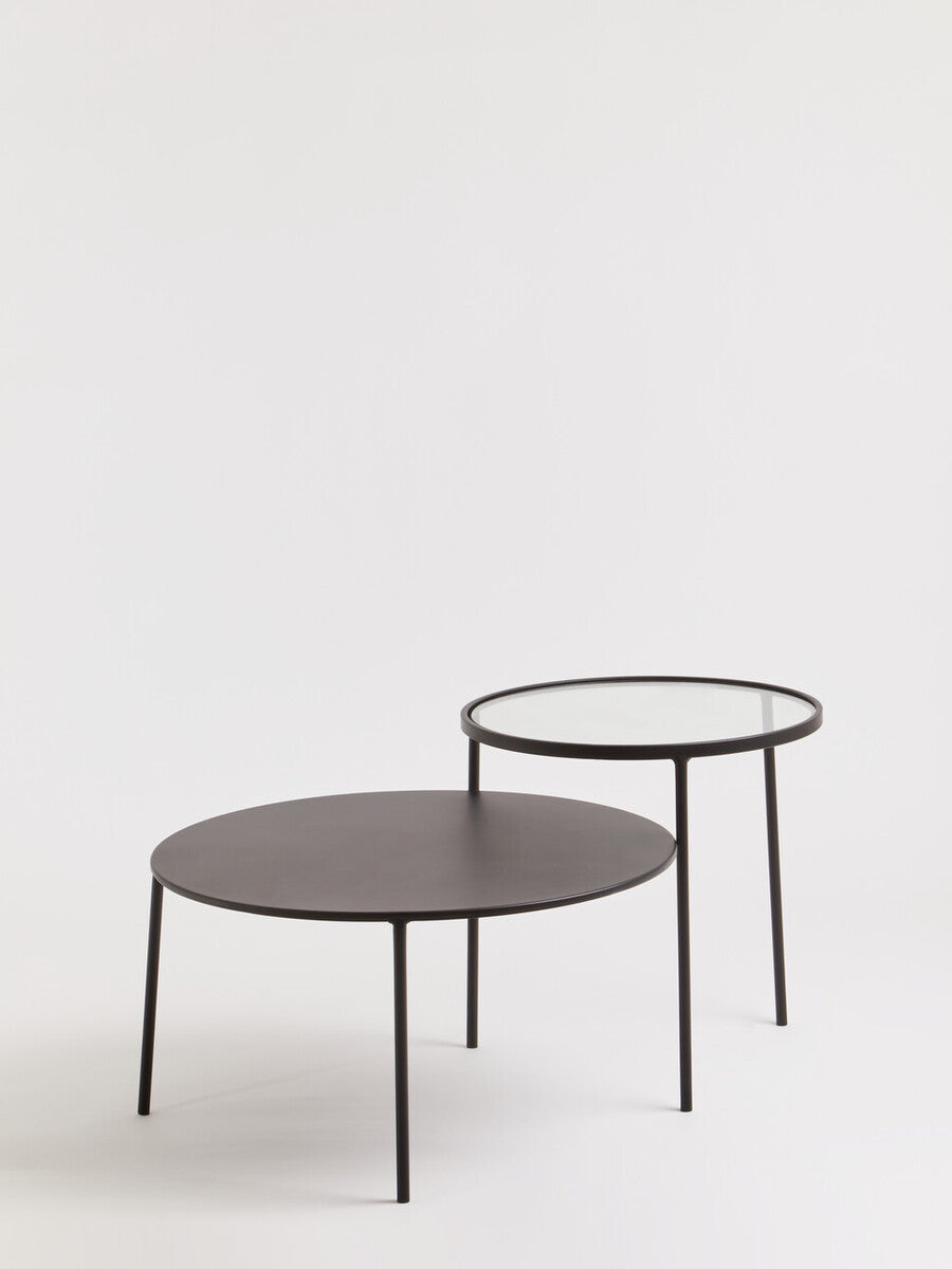 Minimalist black metal trento coffee table with round glass tops and lower level for extra storage space