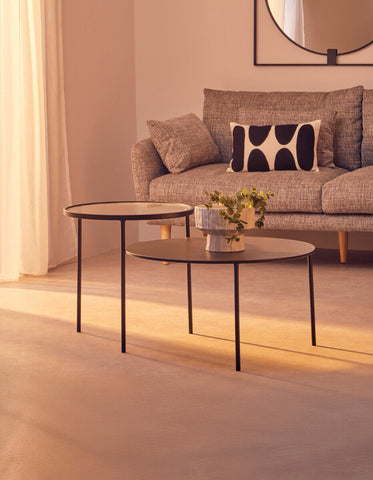 Modern black metal trento coffee table with round glass tops and lower level for storage or display