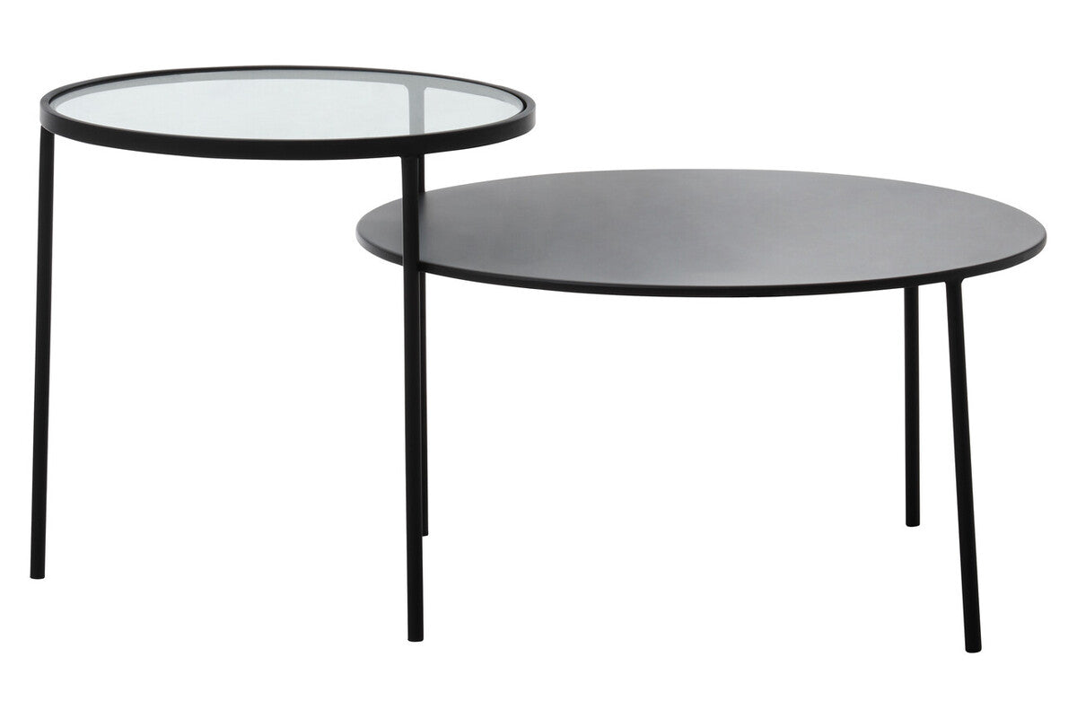 Modern black metal trento coffee table with nesting circular tops one glass and one matte gray lower level table