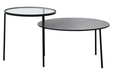 Modern black metal trento coffee table with nesting circular tops one glass and one matte gray lower level table