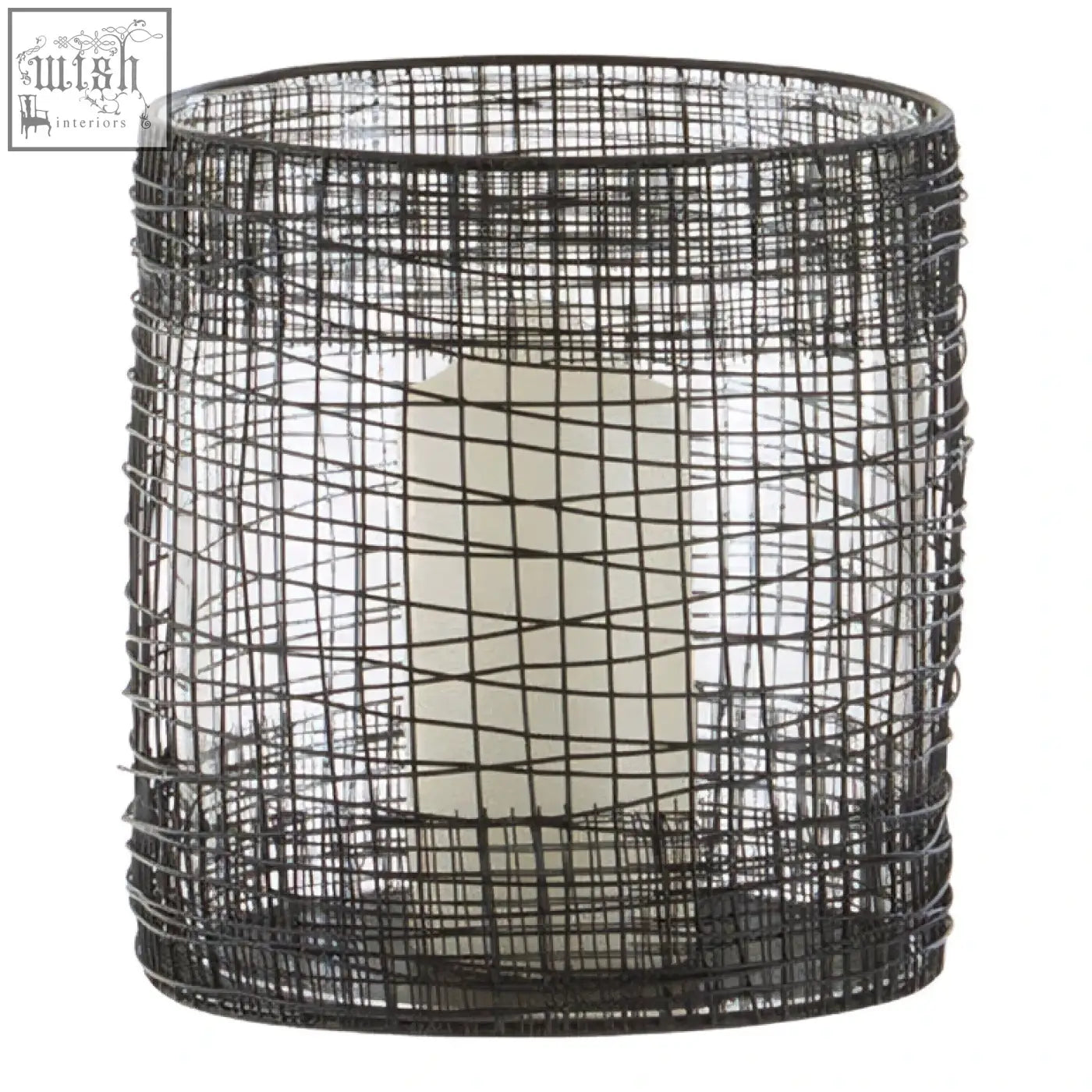 Black wire mesh cylindrical lantern with a white pillar candle inside trento cylindrical lantern design