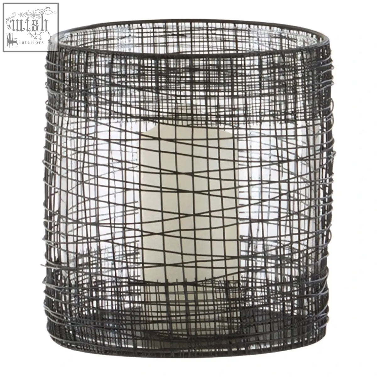 Black wire mesh cylindrical lantern with a white pillar candle inside trento cylindrical lantern design