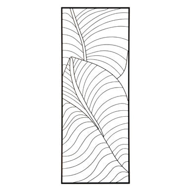 Large black leaf design wall art featuring black and white line art of overlapping tropical leaves on a vertical surface