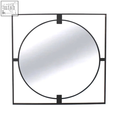 Large square black metal frame wall mirror with a round insert and black metal frame for modern decor