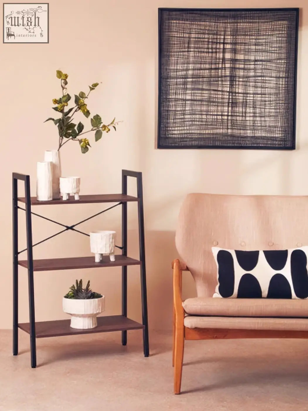 Black metal and wood three-tier shelf with metal cross wires and cross wires design perfect for wires design wall art decor