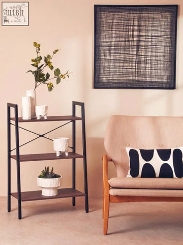 Black metal and wood three-tier shelf with metal cross wires and cross wires design perfect for wires design wall art decor