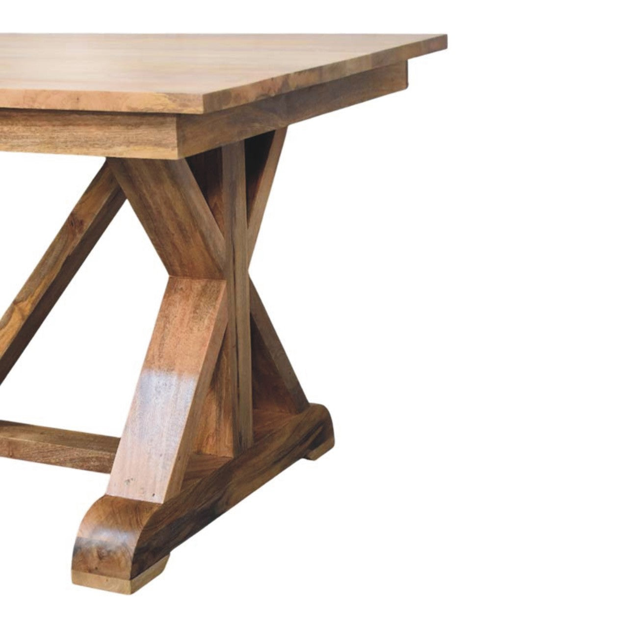 Rustic wooden treston dining table with natural finish and x-shaped base perfect for cozy dining spaces