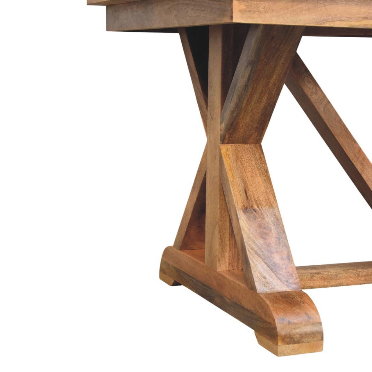 Solid wood treston dining table with rustic x-shaped base and natural grain finish perfect for dining rooms